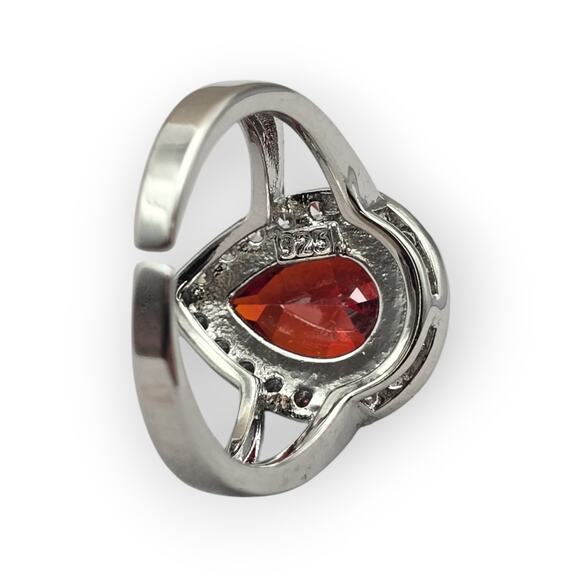 Red Pear-Cut Stone – Sterling Silver 925 – Halo Statement Ring – Size 7.5 - Picture 5 of 10